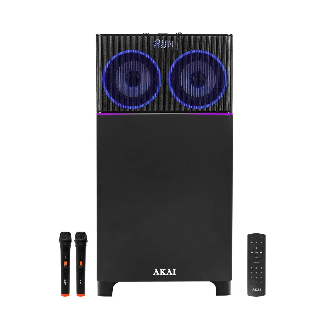 AKAI UltraBoom-100 Bluetooth Party Speaker with Dual Wireless Mic |100W RMS | 8'' Woofer | Karaoke | RGB LED Lights | Digital Display | FM