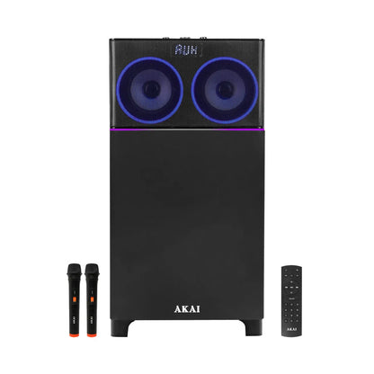 AKAI UltraBoom-100 Bluetooth Party Speaker with Dual Wireless Mic |100W RMS | 8'' Woofer | Karaoke | RGB LED Lights | Digital Display | FM