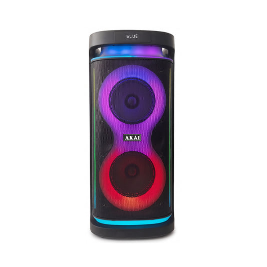 AKAI PM-1400 Turbo 140W RMS Bluetooth Party Speaker with Dual 8" Woofers, Rechargeable Wireless Mic, Karaoke & LED Lights
