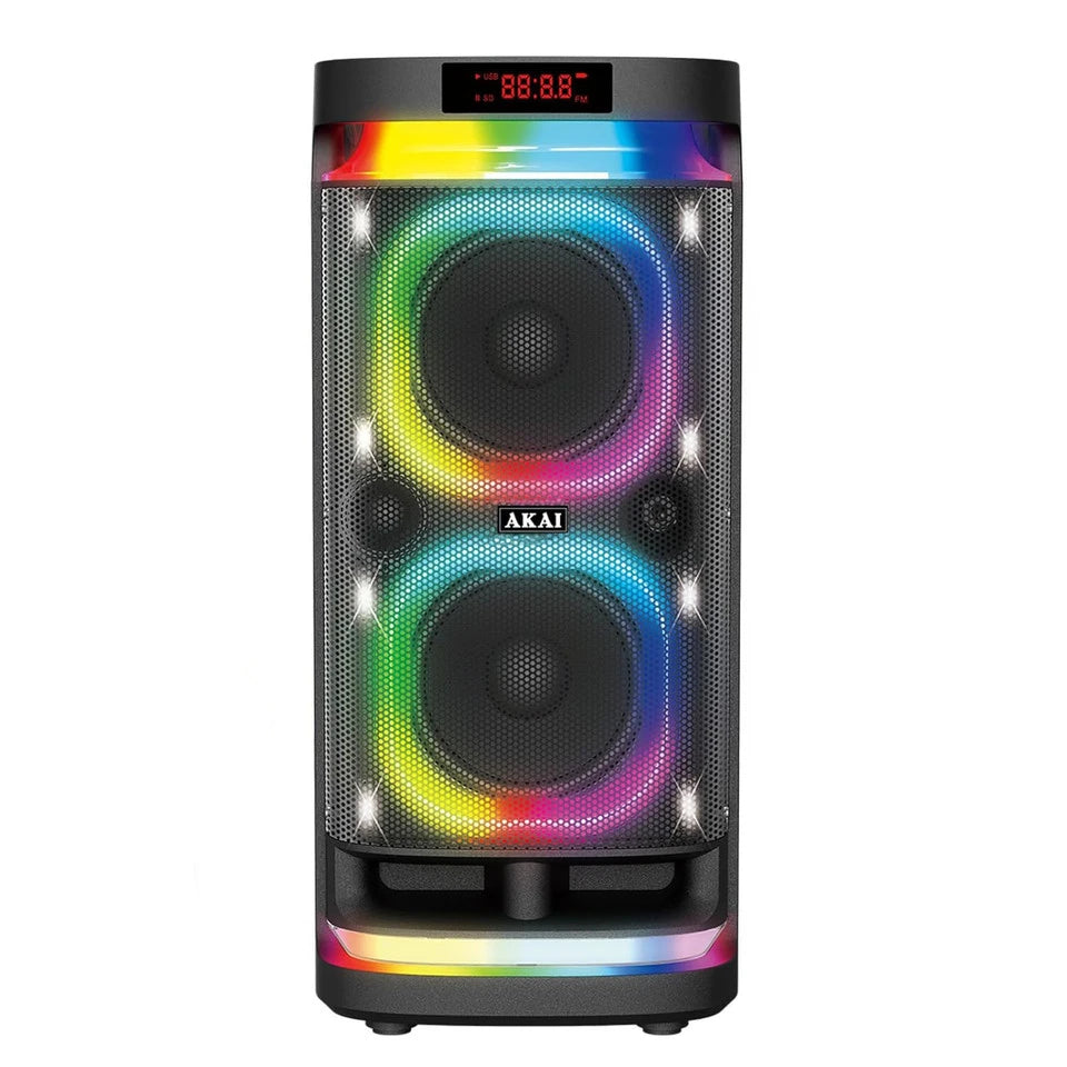 AKAI PM-1400Max Wireless Party Speaker |140W RMS | 8'' x 2 Woofer | Karaoke |Guitar Input | RGB LED Lights | Digital Display |TWS Function
