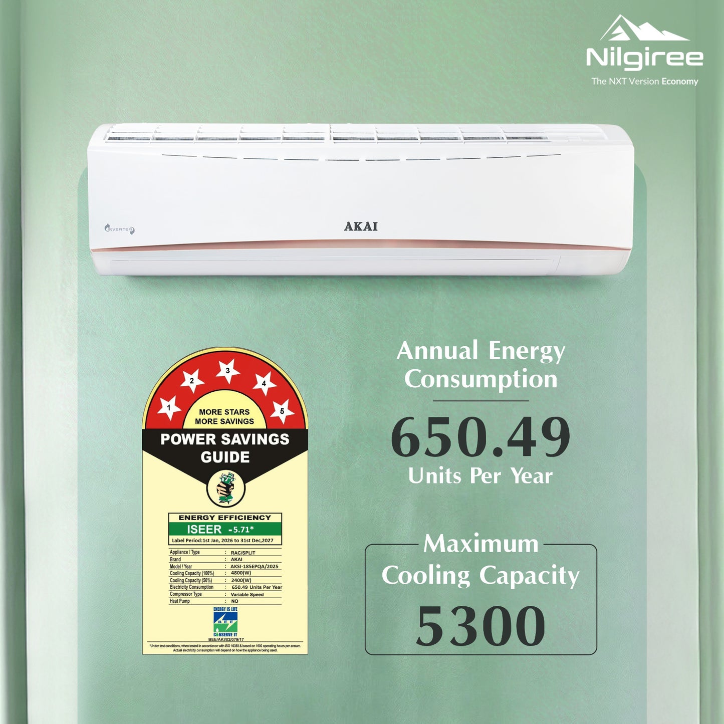 Akai Nilgiree 1.5 Ton 5-Star Inverter AC, Flexi Mode 9-in-1,(Cools at 55°C degrees, 100% Copper, AKSI-185EPQA, 2026 Model)